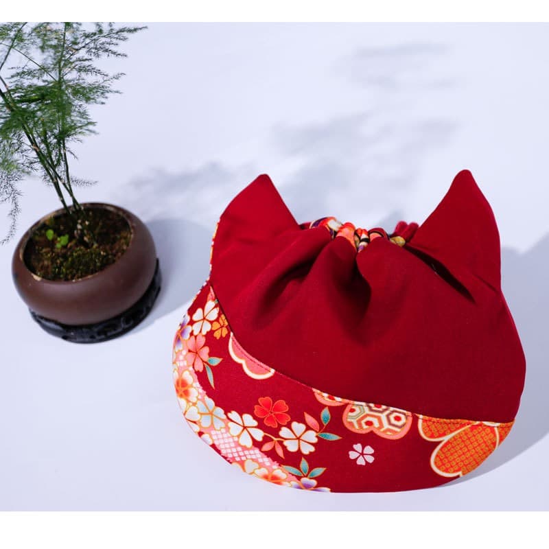 ランチバッグ 和風花柄ねこ耳巾着ランチバッグ